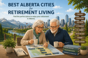 Senior couple reviewing the best Alberta cities for retirement living with an Alberta map highlighting Calgary, Edmonton, Red Deer, Lethbridge, Medicine Hat, Airdrie, Grande Prairie, and St. Albert.