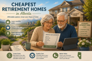 Affordable retirement homes in Alberta with a senior couple comparing monthly retirement home costs in communities such as Red Deer, Medicine Hat, Lethbridge, Grande Prairie, Airdrie, Edmonton, and Calgary.