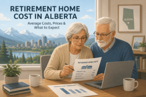 Retirement home cost in Alberta showing a senior couple planning retirement expenses with an Alberta retirement community and mountain landscape in the background.
